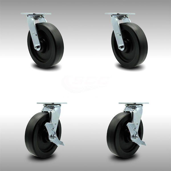 8 Inch Stainless Steel Polyolefin Swivel Caster Set with Ball Bearings 2 Brakes